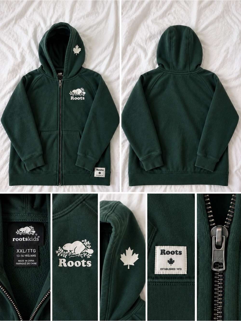 Roots Kids Forest Green Full-Zip Hoodie with White Logo